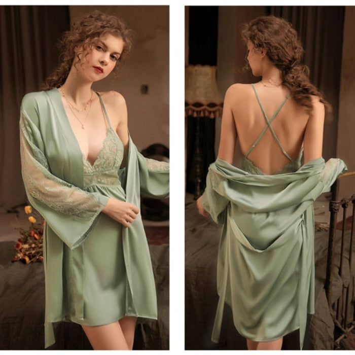 Embroidery Laced 2 Pieces Women Sleepwear Set With Belt