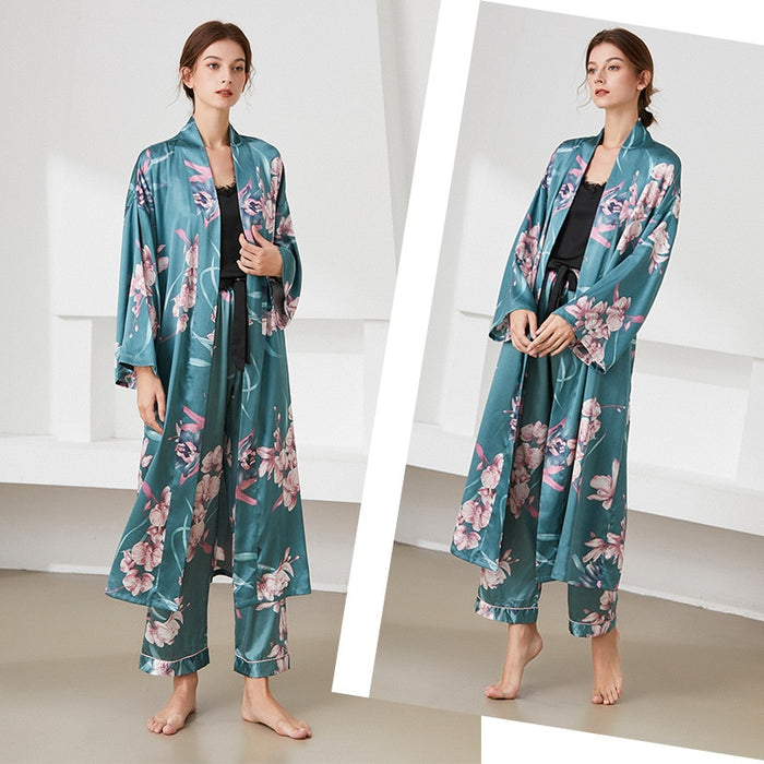 The Floral Printed Long Robe Original Pajamas 3 Piece Sleepwear