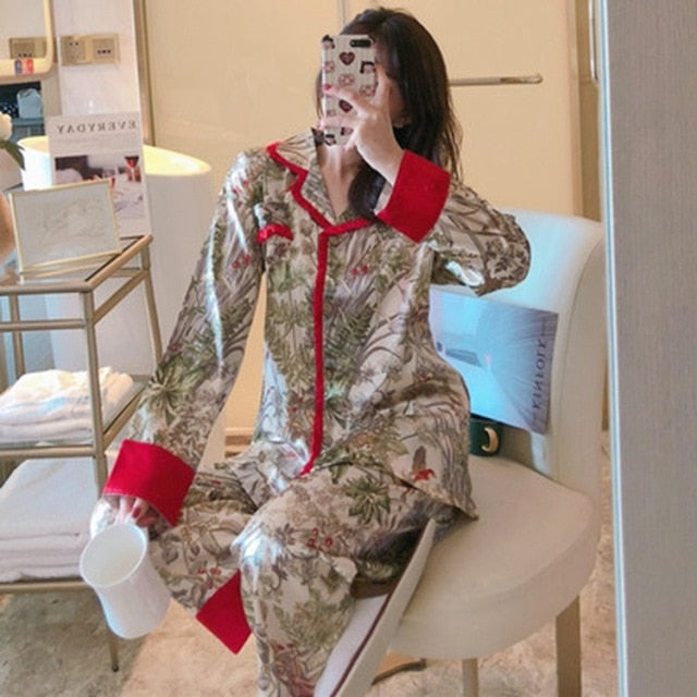 3 Piece Floral Print Vivid Pajamas Set for Women Satin Silk Long Sleeve