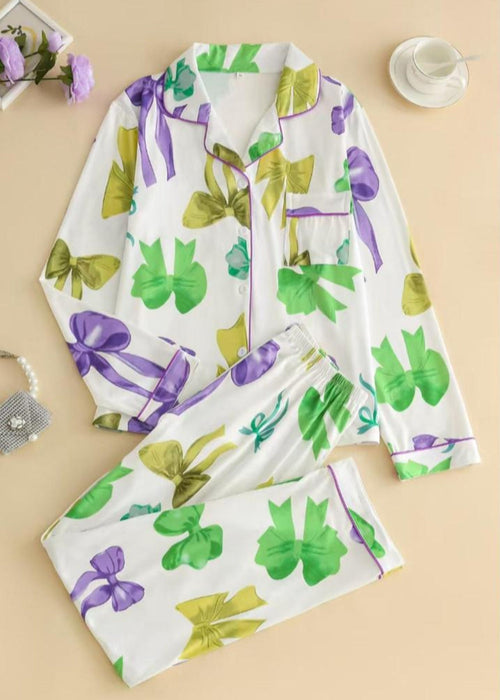 2 Piece Bow Patterned Long Sleeve Pajamas Set