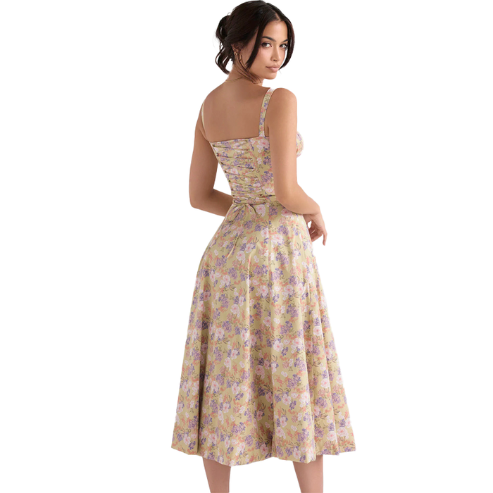 Floral Bustier Midriff Waist Shaper Dress, High Waist Slit Sweet Dress with  Fishbone Straps (#10,XS)