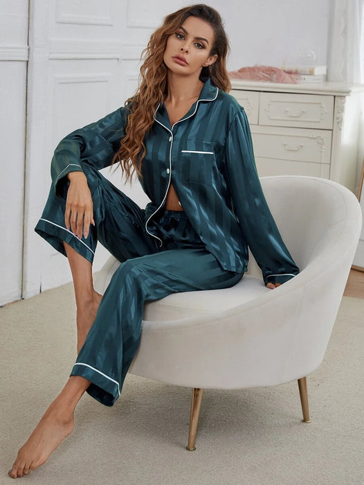 Contrast Stripe Printed Satin Pajama Set