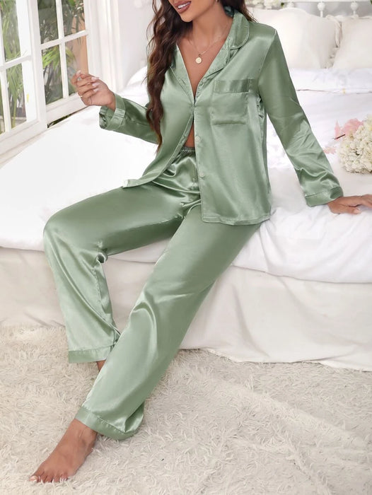 Solid Contrast Colored Satin Pajama Set