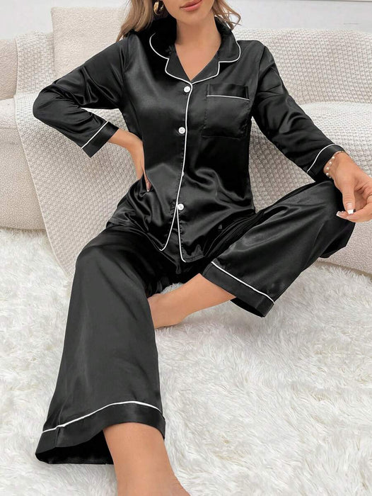 Solid Contrast Colored Satin Pajama Set