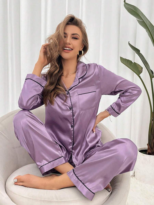 Solid Contrast Colored Satin Pajama Set