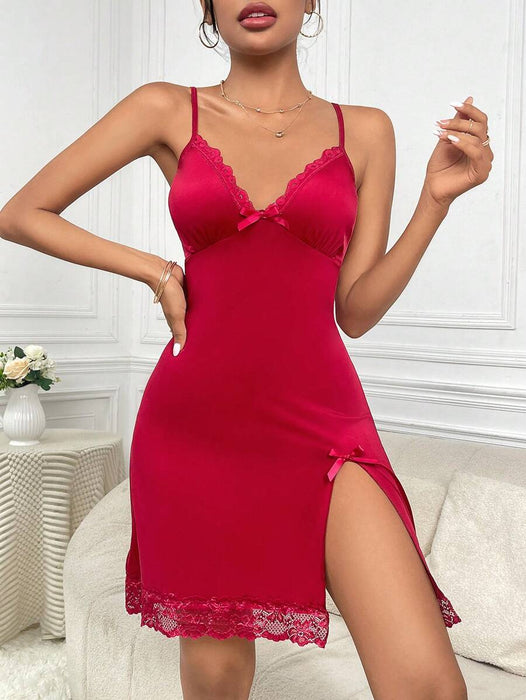 Lace Trim Bow Front Split Hem Cami Sleepwear Dress