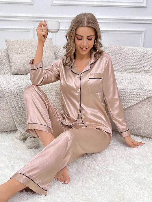 Solid Contrast Colored Satin Pajama Set