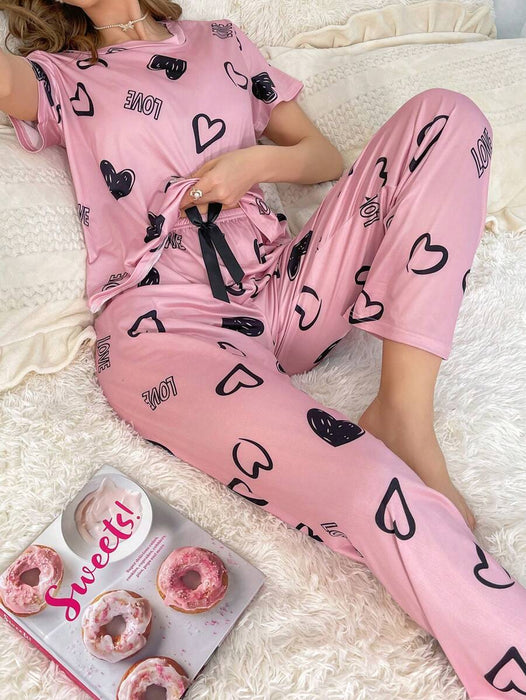 Cordate And Text Printed Pajama Set