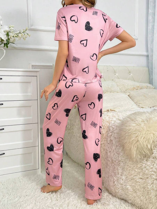 Cordate And Text Printed Pajama Set