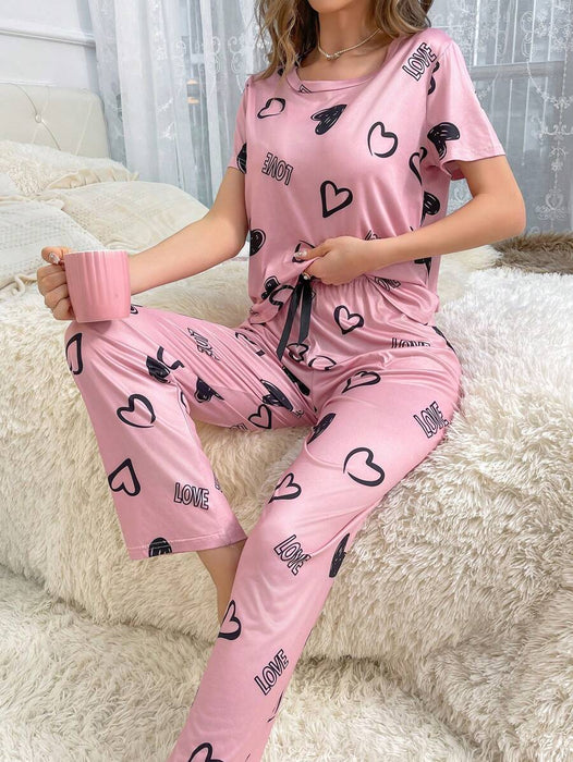 Cordate And Text Printed Pajama Set