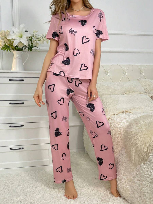 Cordate And Text Printed Pajama Set