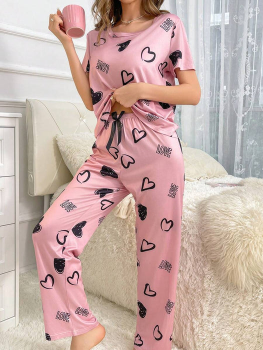 Cordate And Text Printed Pajama Set