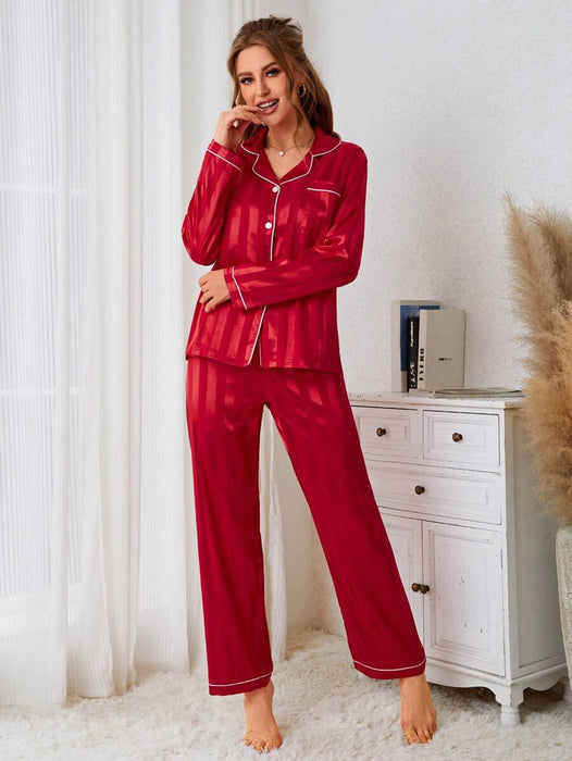 Contrast Stripe Printed Satin Pajama Set