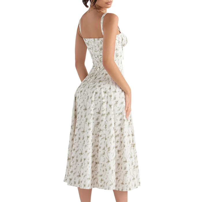 Floral Bustier Midriff Waist Shaper Dress, High Waist Slit Sweet Dress with  Fishbone Straps (#10,XS)