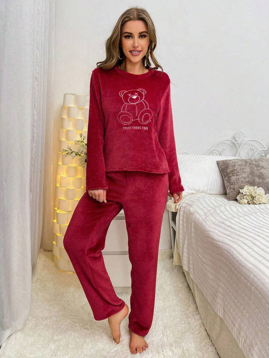 Bear Embroidered Flannel Long Sleeve Top And Pant Set