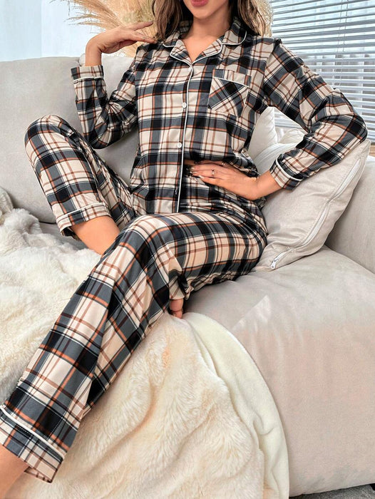 Contrast Plaid Print Pajama Set