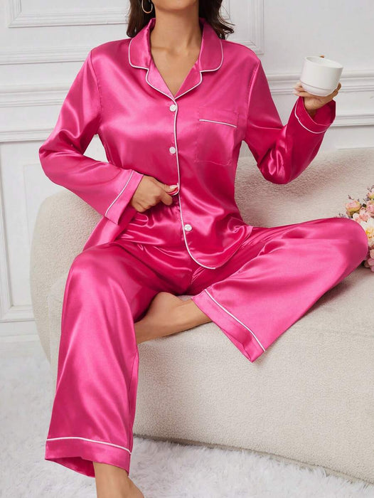 Solid Contrast Colored Satin Pajama Set