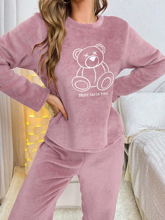 Bear Embroidered Flannel Long Sleeve Top And Pant Set