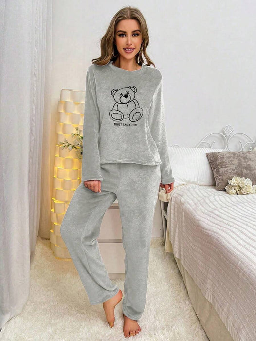 Bear Embroidered Flannel Long Sleeve Top And Pant Set