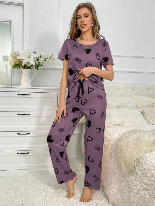 Cordate And Text Printed Pajama Set