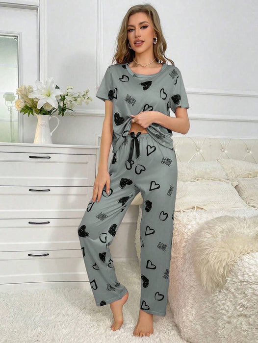 Cordate And Text Printed Pajama Set