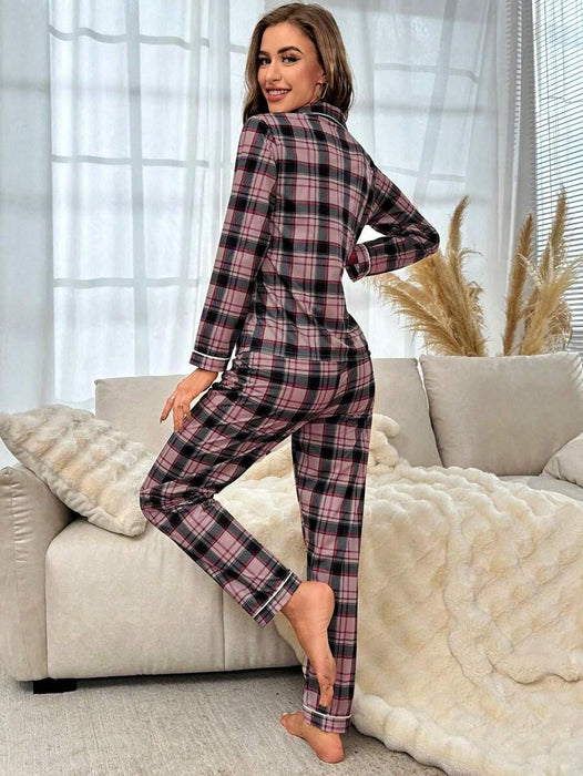 Contrast Plaid Print Pajama Set