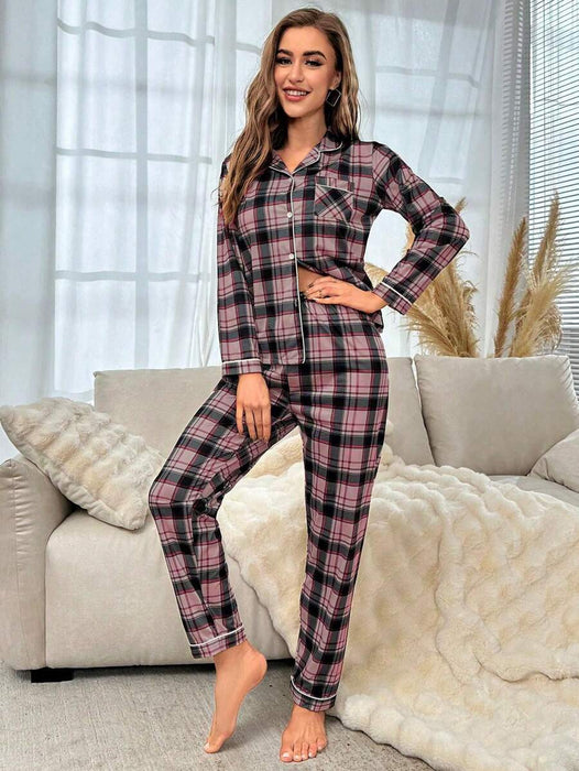 Contrast Plaid Print Pajama Set