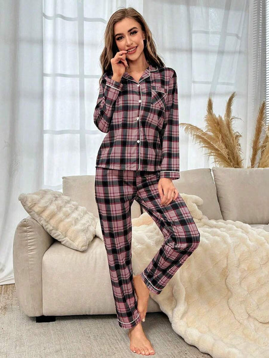 Contrast Plaid Print Pajama Set