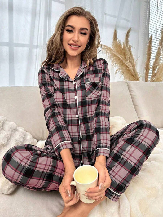 Contrast Plaid Print Pajama Set