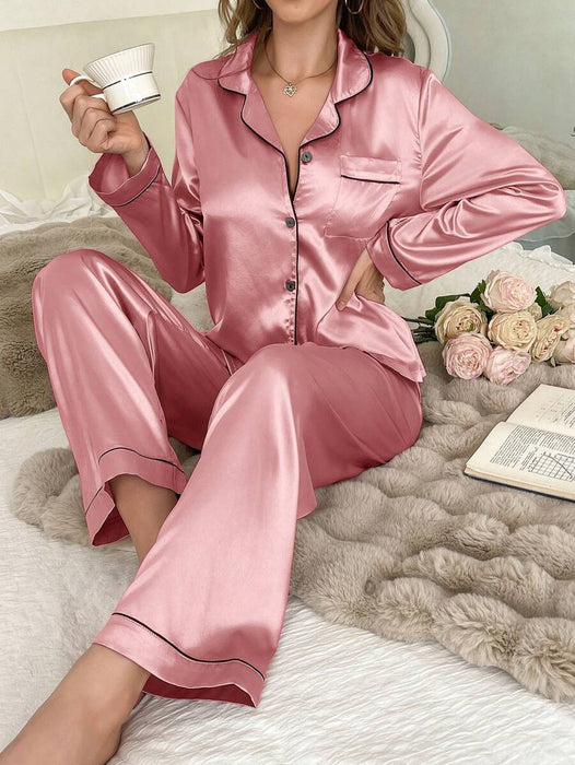 Solid Contrast Colored Satin Pajama Set