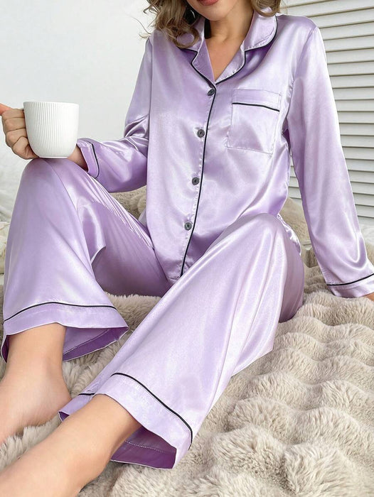 Solid Contrast Colored Satin Pajama Set