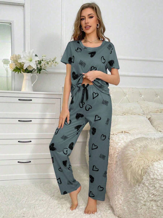 Cordate And Text Printed Pajama Set