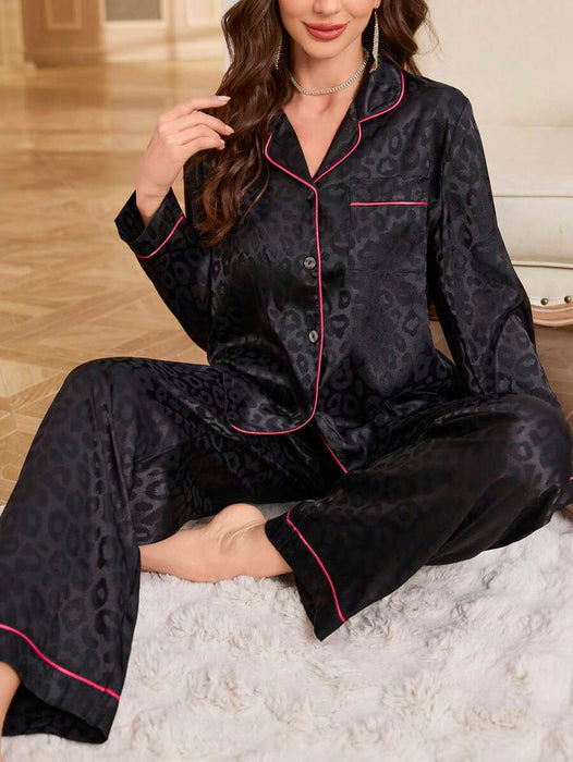 Contrast Patterned Satin Pajama Set