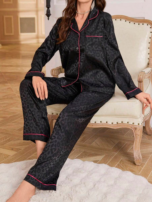 Contrast Patterned Satin Pajama Set