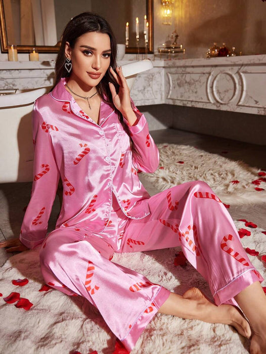 Christmas Candy Cane Printed Pajamas Set