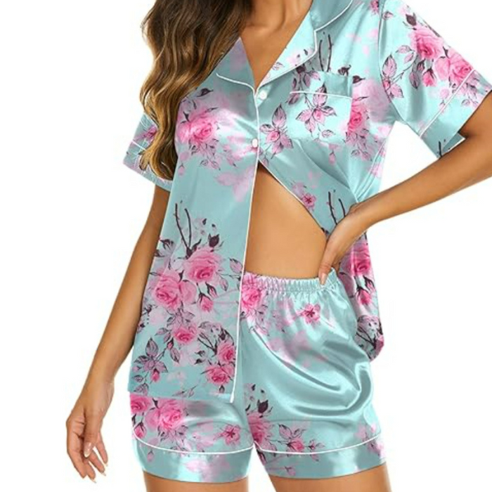 Satin Short Sleeve Button Down Pajamas Set