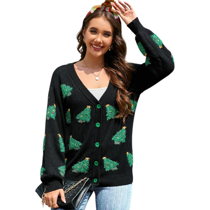 Knitted Button Up Sweater with Christmas Design