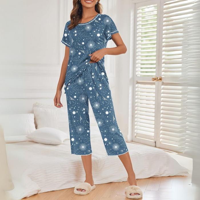 Printed Capri Pajama Set With Short Sleeve Top