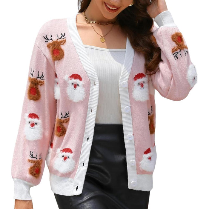 Knitted Button Up Sweater with Christmas Design