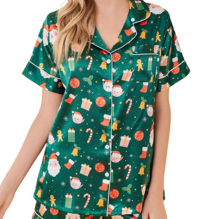 Christmas Theme Satin Short Sleeve Top And Shorts Set