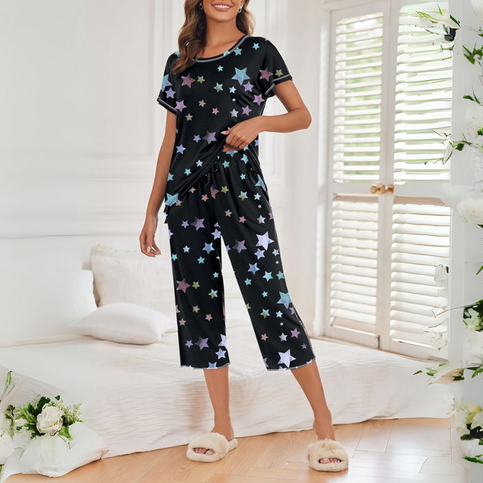 Star Printed Capri Pajama Set With Short Sleeve Top