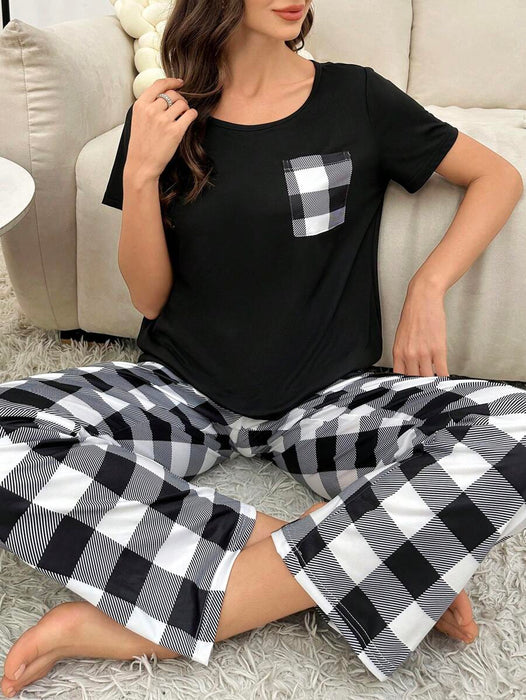 2 Pieces Plaid Pajama Set With Pockets