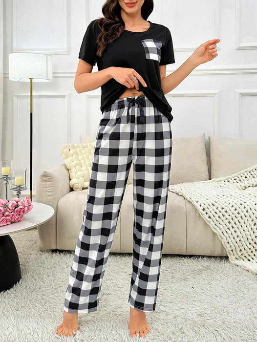 2 Pieces Plaid Pajama Set With Pockets