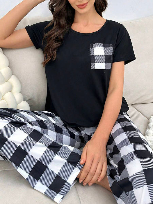 2 Pieces Plaid Pajama Set With Pockets