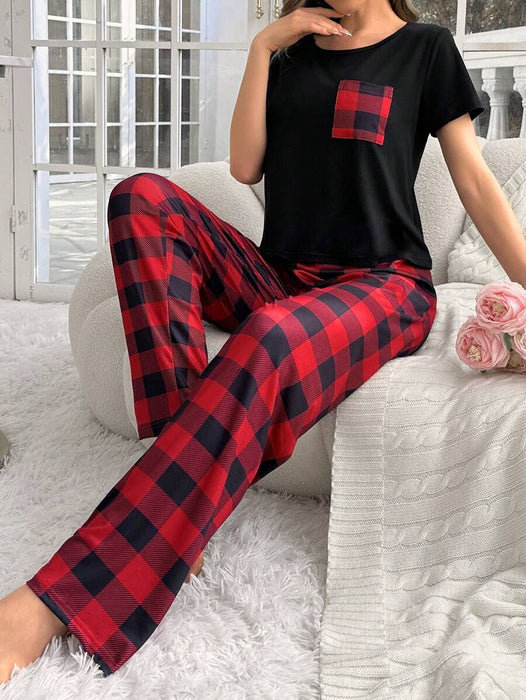 2 Pieces Plaid Pajama Set With Pockets