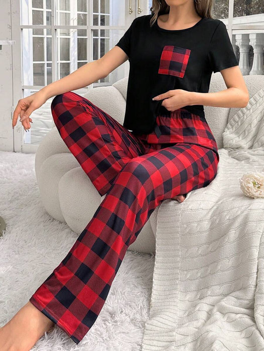 2 Pieces Plaid Pajama Set With Pockets