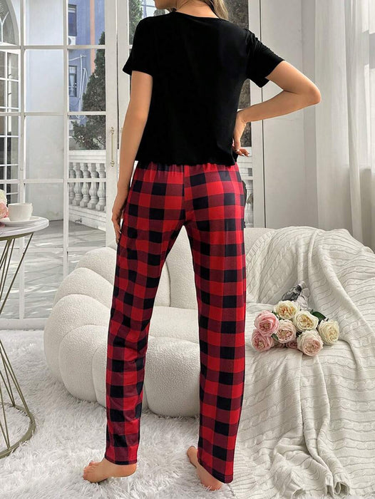 2 Pieces Plaid Pajama Set With Pockets