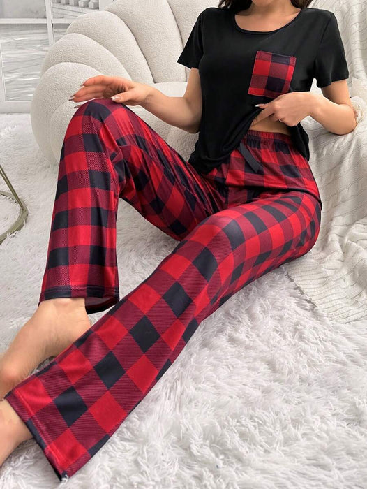 2 Pieces Plaid Pajama Set With Pockets