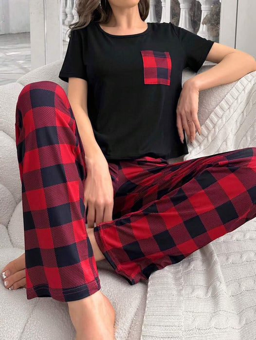 2 Pieces Plaid Pajama Set With Pockets