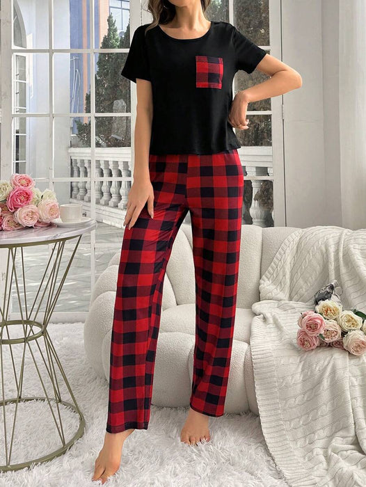 2 Pieces Plaid Pajama Set With Pockets